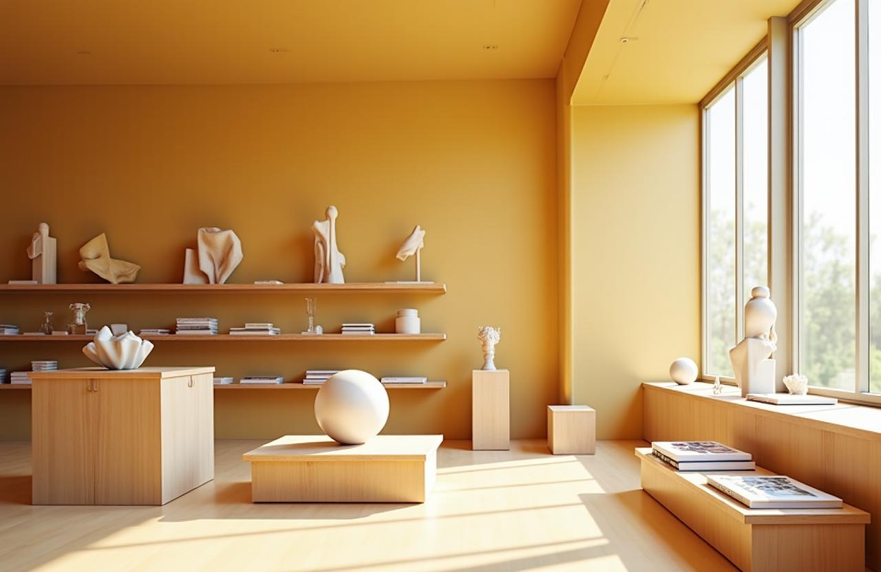 Interno del bookshop Quadrant Gallery con libri d'arte e oggetti geometrici